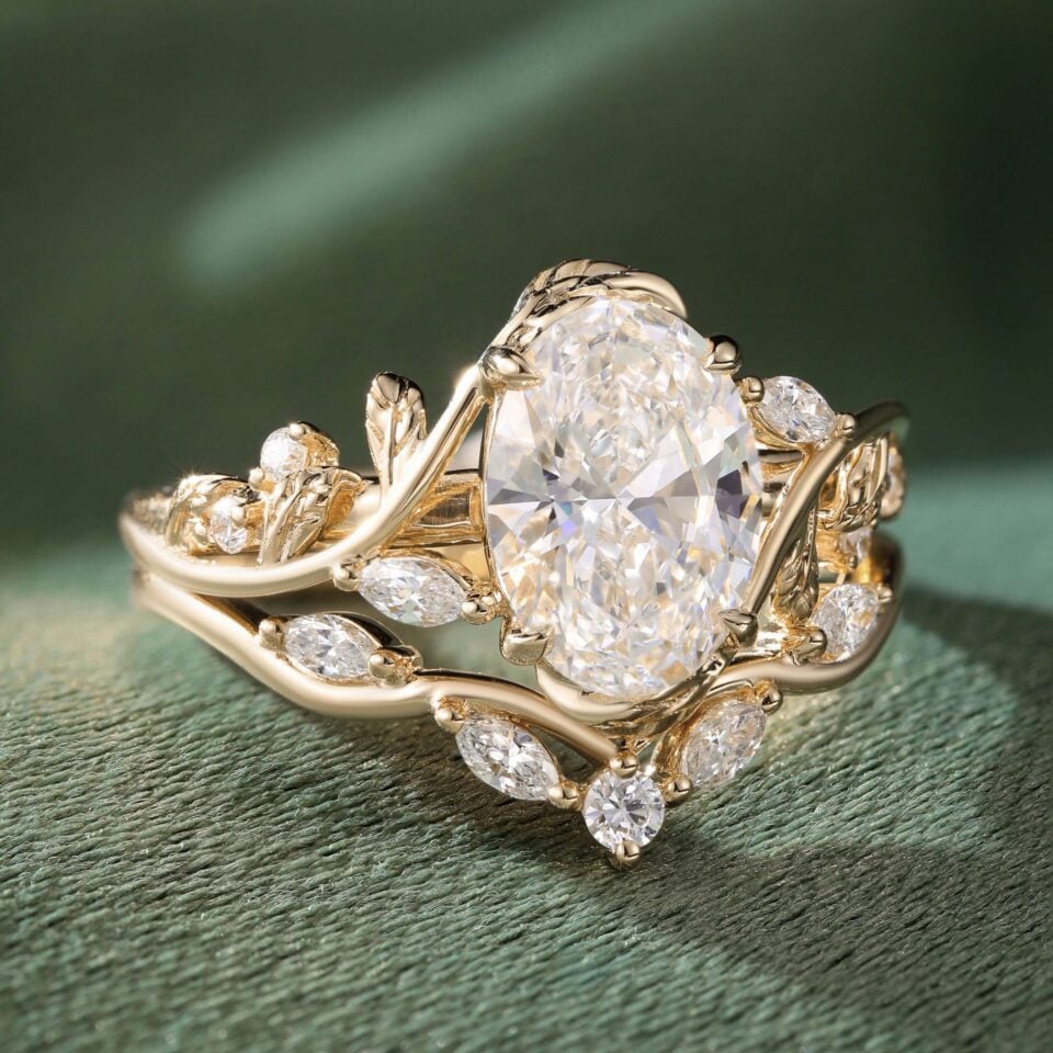 1.5CT Oval Cut Lab Grown Diamond Bridal Ring Set Nature Inspired Leaf Ring Set (4)