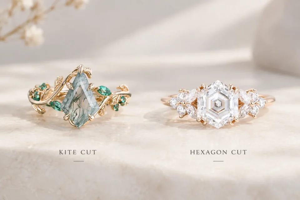 Comparison of a moss agate kite cut ring and a moissanite hexagon cut ring