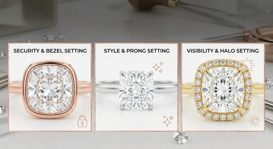 Comparison of bezel, prong, and halo settings for cushion cut engagement rings