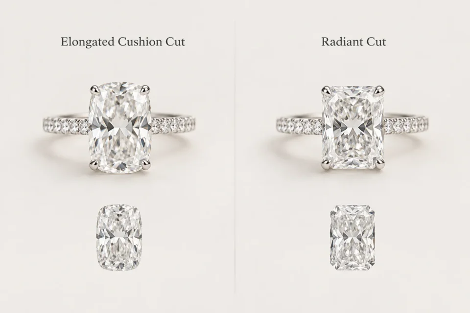 Elongated cushion cut and radiant cut engagement rings side by side