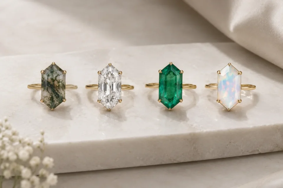 Four elongated hexagon engagement rings featuring moss agate, moissanite, emerald, and opal gemstones
