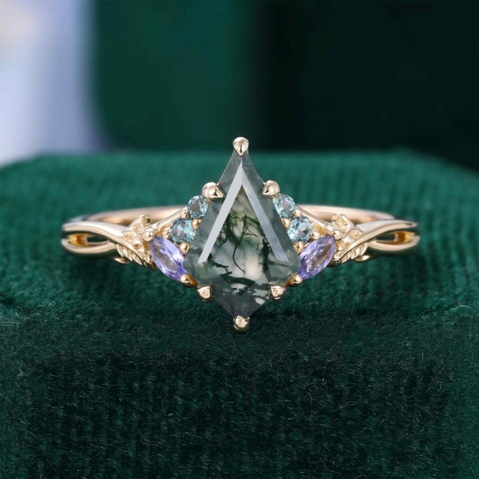 Kite Cut Moss Agate Nature Inspired Engagement Ring with Alexandrite & Tanzanite Accents