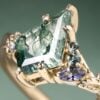 Kite Cut Moss Agate Nature Inspired Engagement Ring with Alexandrite & Tanzanite Accents (2)