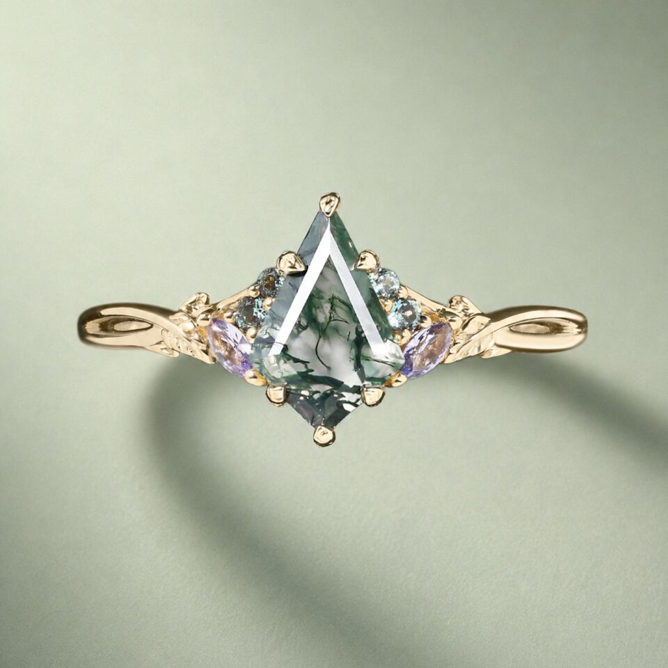 Kite Cut Moss Agate Nature Inspired Engagement Ring with Alexandrite & Tanzanite Accents (3)