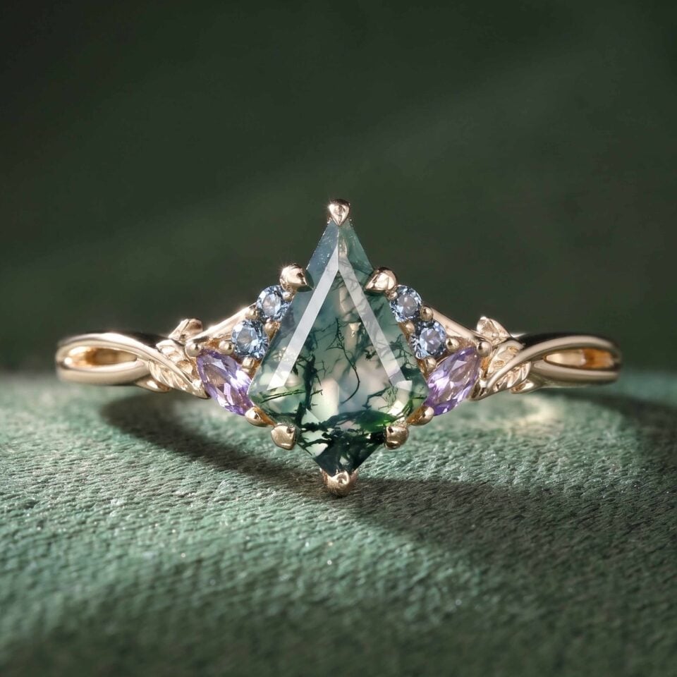 Kite Cut Moss Agate Nature Inspired Engagement Ring with Alexandrite & Tanzanite Accents (5)
