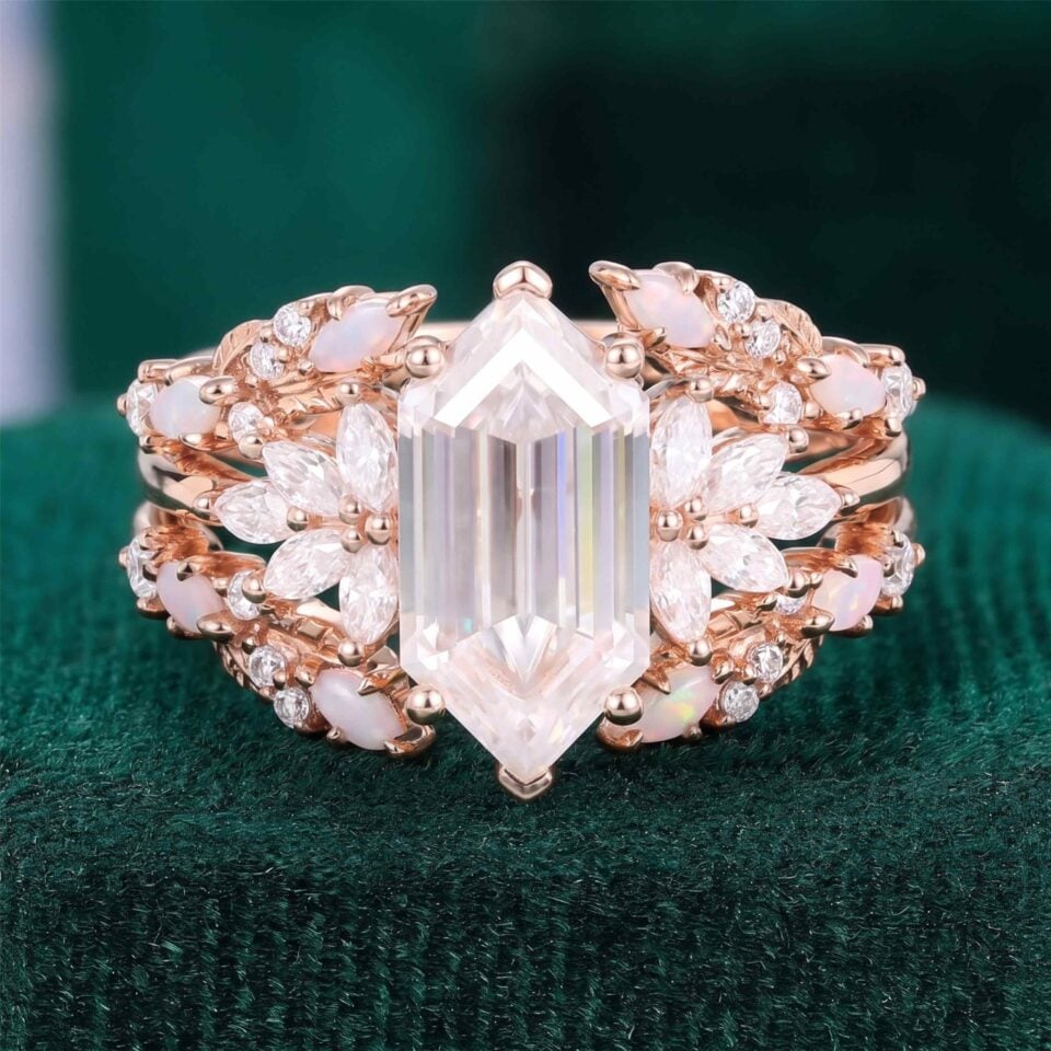 Long Hexagon Cut Moissanite Bridal Ring Set 2PCS Cluster Engagement Ring Set