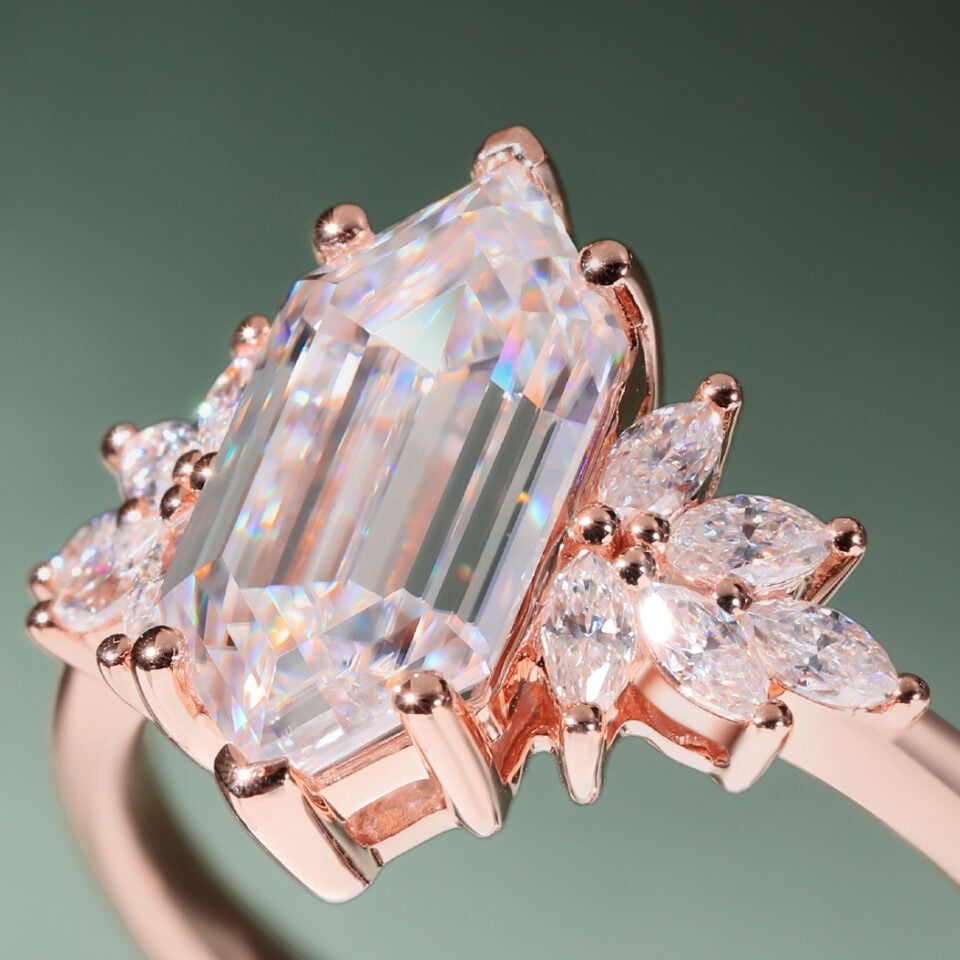 Long hexagon cut moissanite engagement ring set