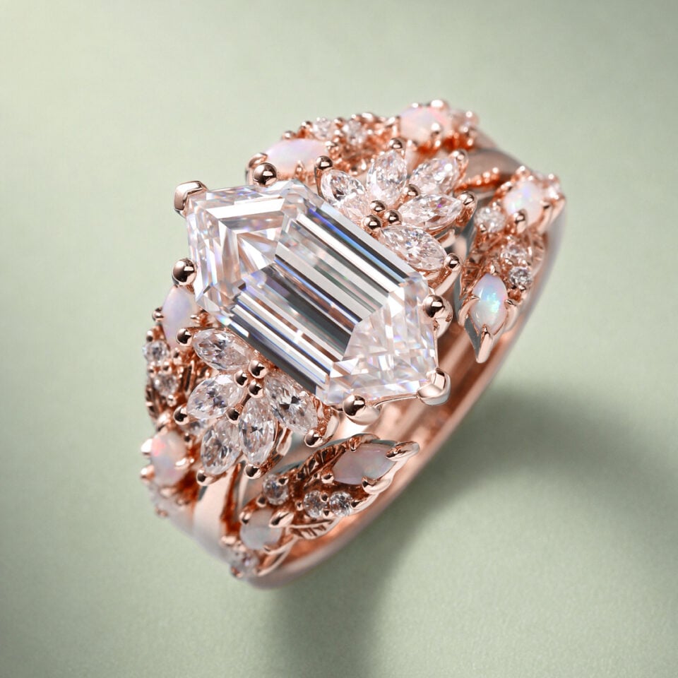 Long hexagon cut moissanite cluster engagement ring set