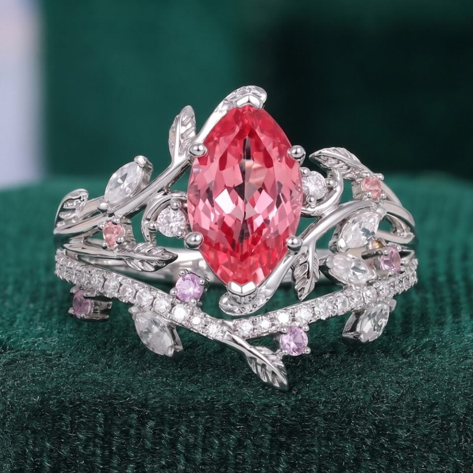 Marquise Cut Lab Pink Sapphire Nature Inspired Split Shank Engagement Ring