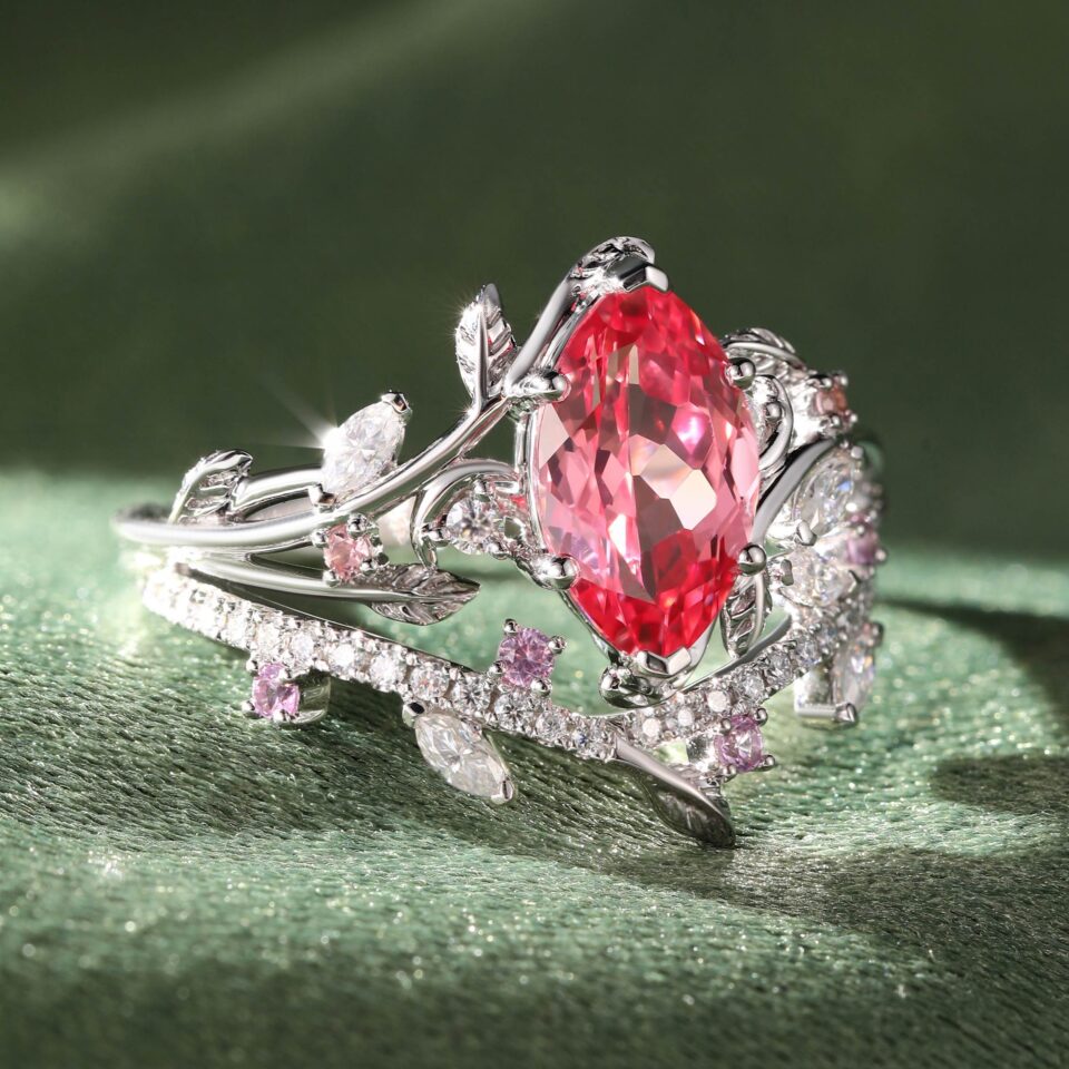 Marquise Cut Lab Pink Sapphire Nature Inspired Split Shank Engagement Ring (2)