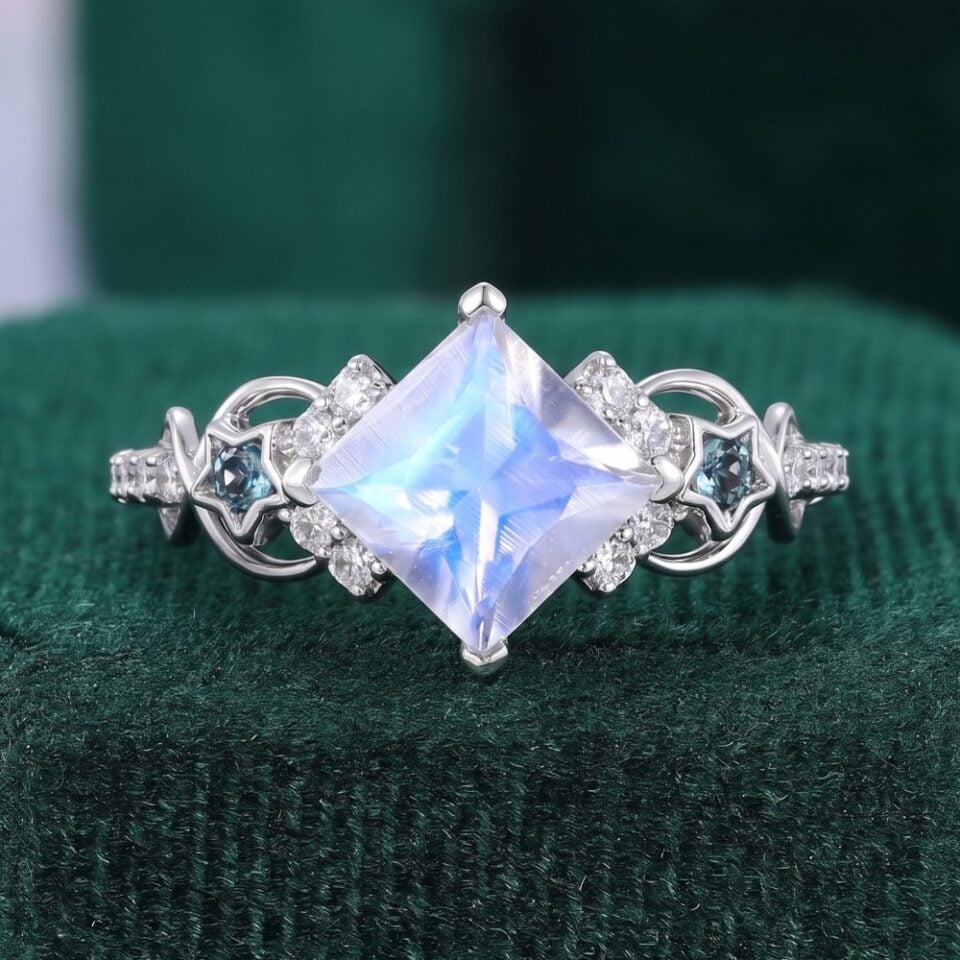 Princess Cut Moonstone Infinity Pavé Engagement Ring Cluster Star Band Ring