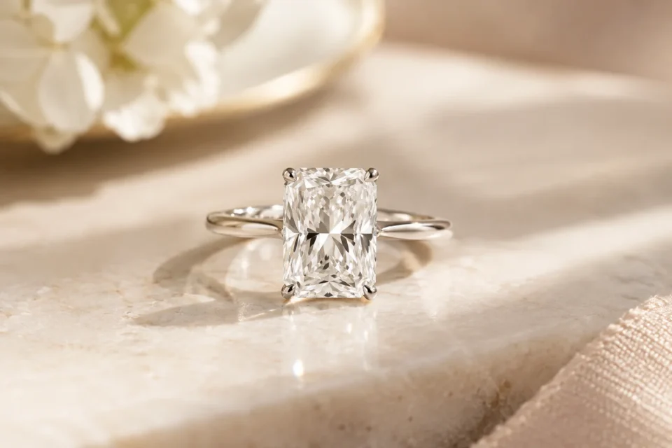 Radiant cut solitaire engagement ring in a silver or white gold band