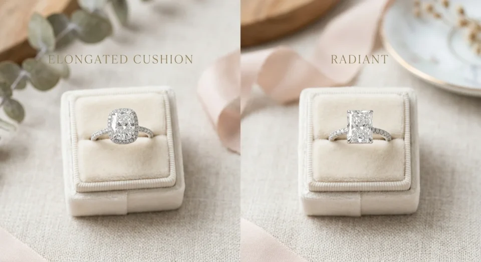 Side-by-side comparison of elongated cushion cut and radiant cut engagement rings in beige velvet boxes