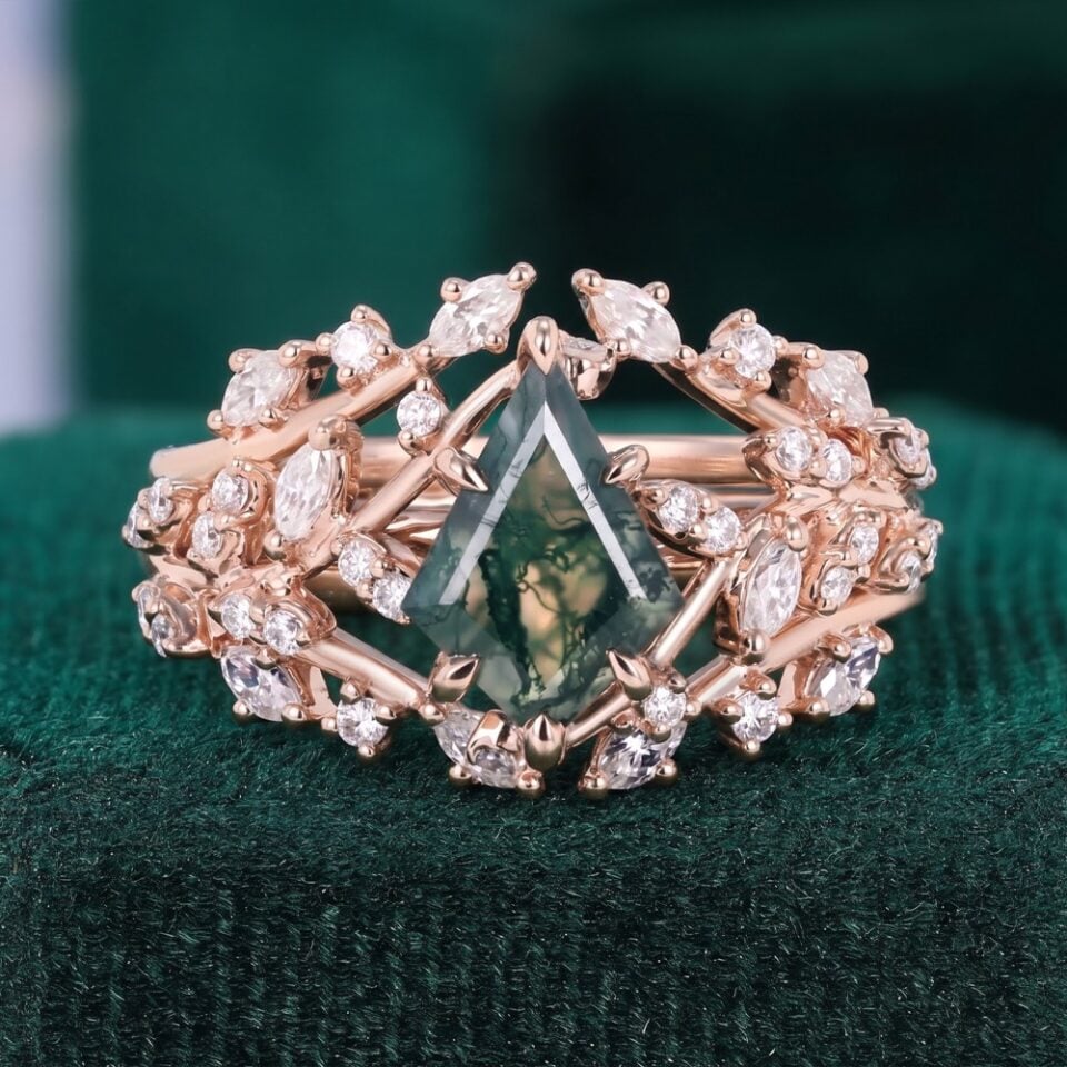 TwigGlow | Kite Cut Moss Agate Bridal Ring Set 2PCS Enhancer Set