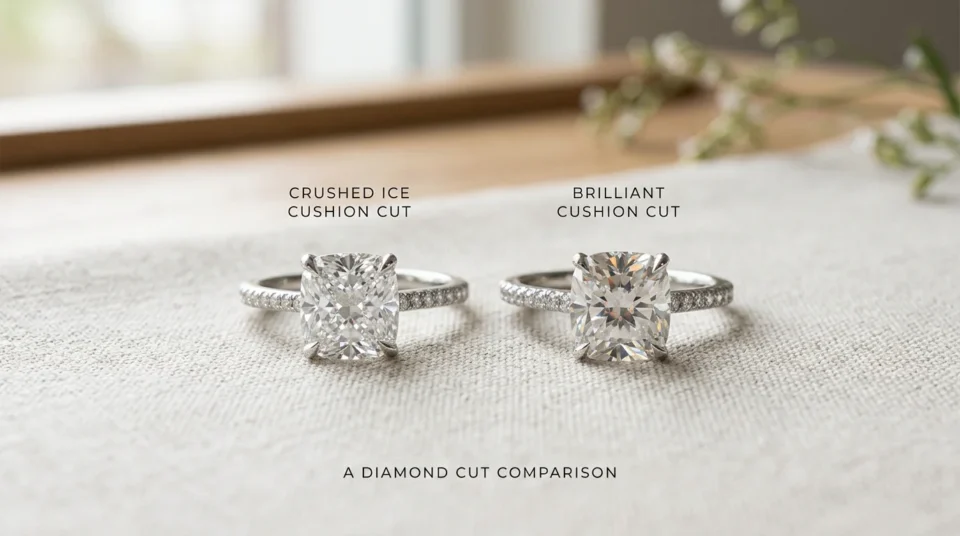 Two cushion-cut diamond rings shown side-by-side on linen fabric with soft background lighting