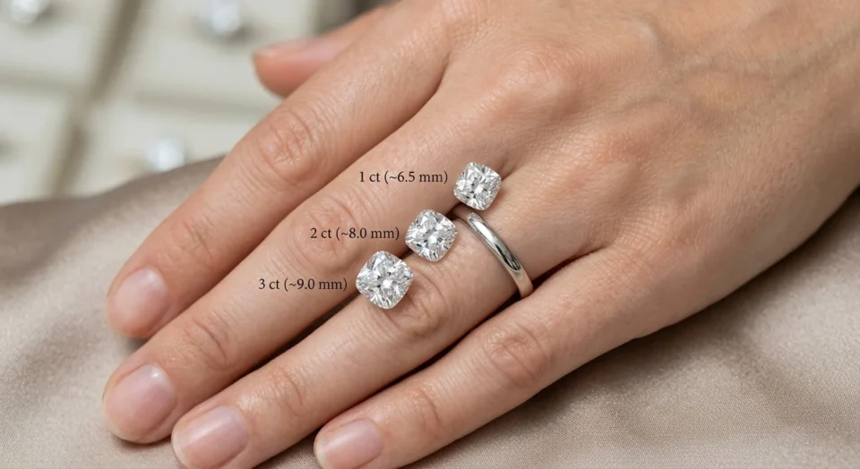 Visual scale comparison of 1 carat (6.5mm), 2 carat (8.0mm), and 3 carat (9.0mm) cushion cut diamonds shown on a finger with millimeter dimensions