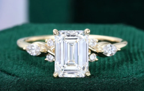 Emerald Cut Lab Diamond Engagement Ring With Marquise & Round Accents