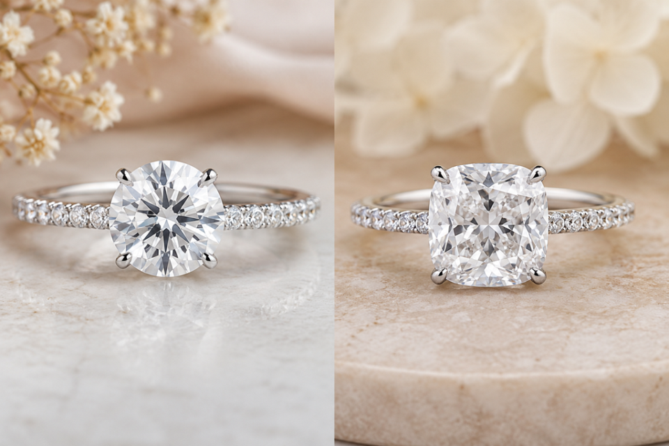 Round vs Cushion Engagement Ring Comparison