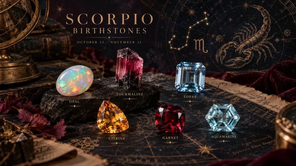 Scorpio birthstones display featuring opal, tourmaline, topaz, citrine, garnet, and aquamarine against a celestial background