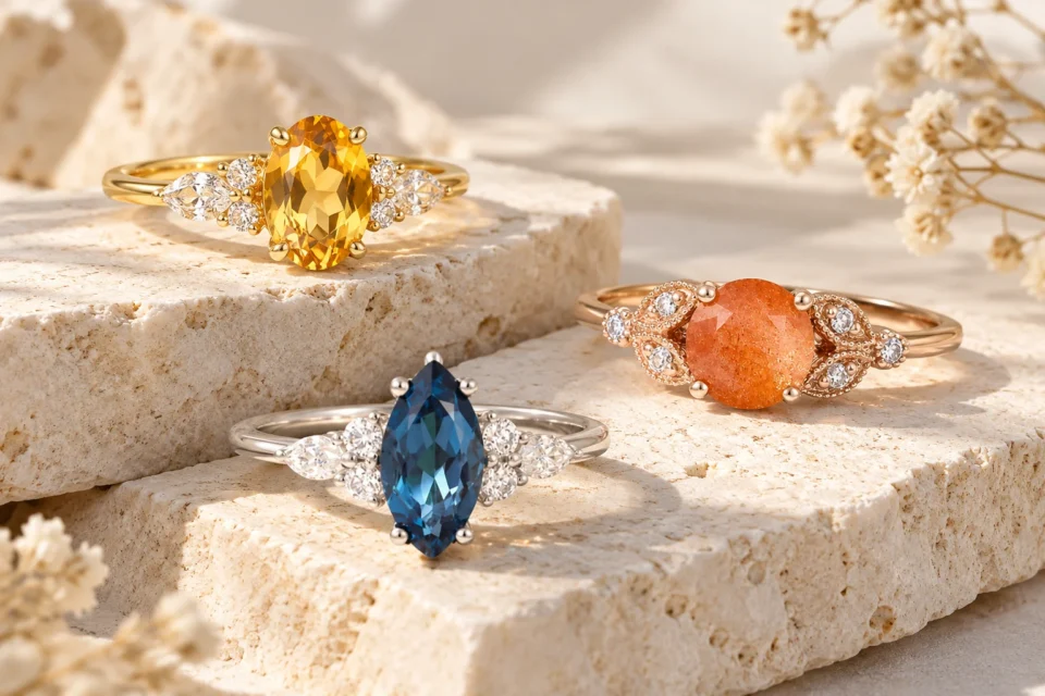 Three november birthstone rings featuring yellow citrine, blue topaz, and sunstone on stone pedestals