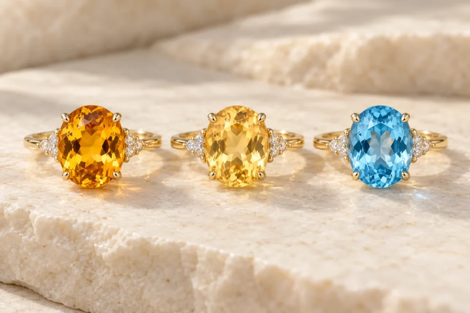 Three gold rings with oval-cut gemstones in topaz, citrine, and blue topaz set side by side on a stone surface.