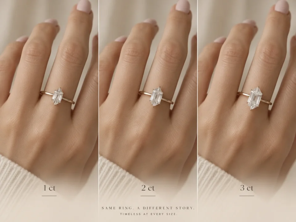 Three panel comparison showing the size difference of a same elongated hexagon cut diamond ring style on a hand in 1, 2, and 3 carat weights