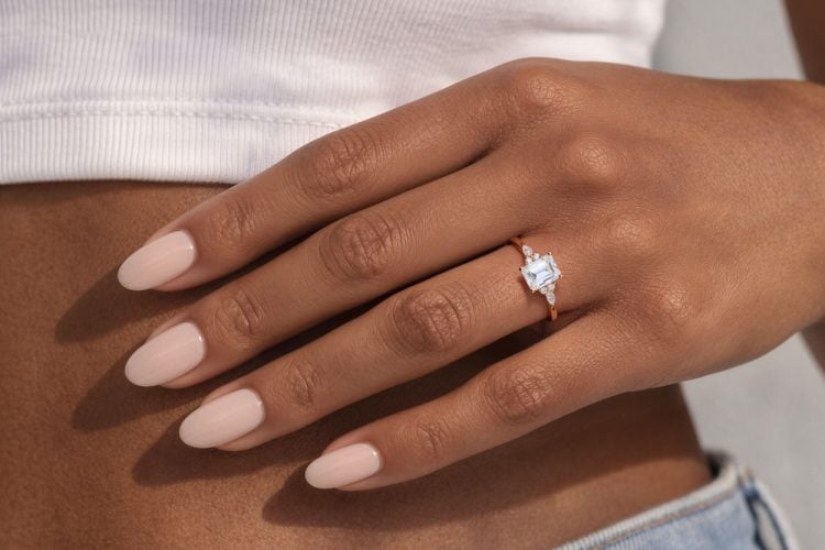 1.5CT Emerald Cut Moissanite Classic Side Stone Engagement Ring