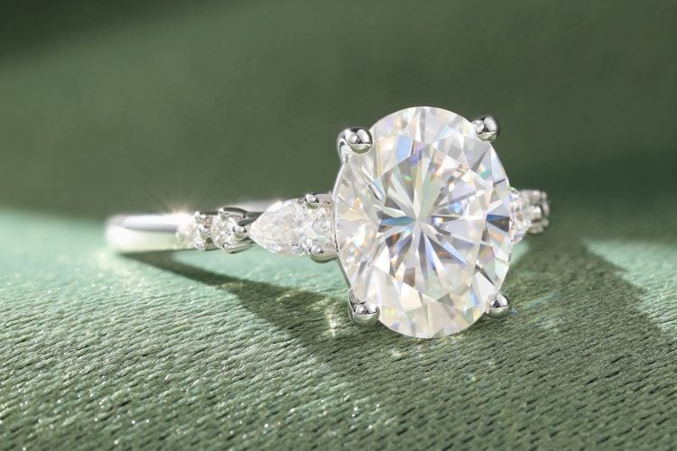 3 Carat Oval Cut Moissanite Engagement Ring With Trio Side Stones