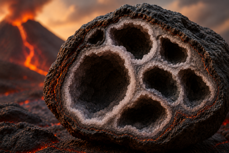A cross-section of a volcanic geode showing hollow cavities inside cooled lava.