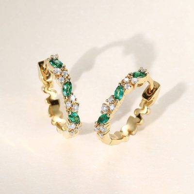 Alternating Marquise Emerald & Round Moissanite Huggie Earrings