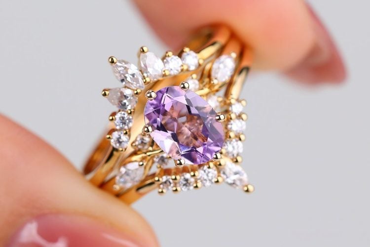 Amethyst wedding ring set - 3pcs