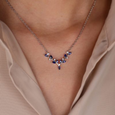 Sapphire & Diamond Gemstone Antler Necklace Jewelry Gifts For Women