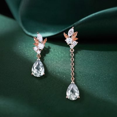 Asymmetrical Pear Cut Moss Agate Maple Leaf Drop Earrings