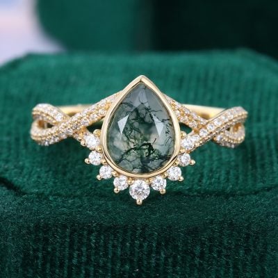Bezel Set Pear Cut Moss Agate Vintage Engagement Ring with Twisted Pavé Shank