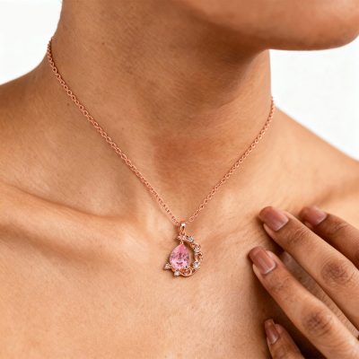 Crescent Vine Pear Cut Pink Sapphire Pendant Necklace (3)