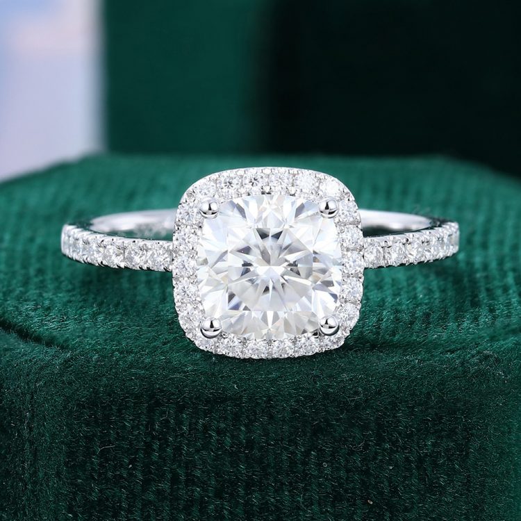 Cushion cut moissanite engagement ring in white gold