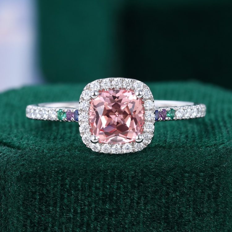 Cushion Cut Pink Sapphire Halo Engagement Ring with Half Eternity Pavé Band