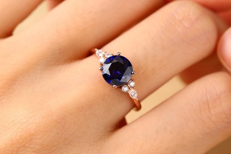 Round Blue Sapphire Cluster Engagement Ring in Rose Gold
