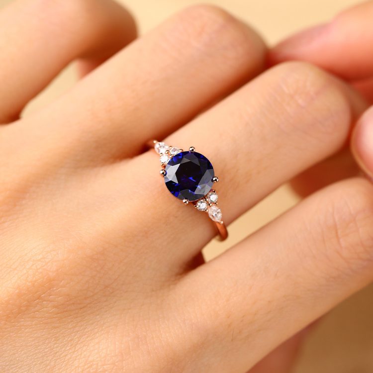 Round Blue Sapphire Cluster Engagement Ring in Rose Gold