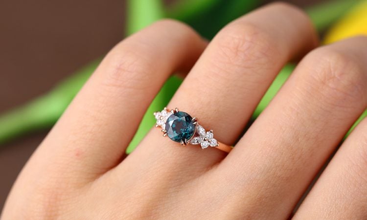 Round Alexandrite Flower Ring Double Claw Design