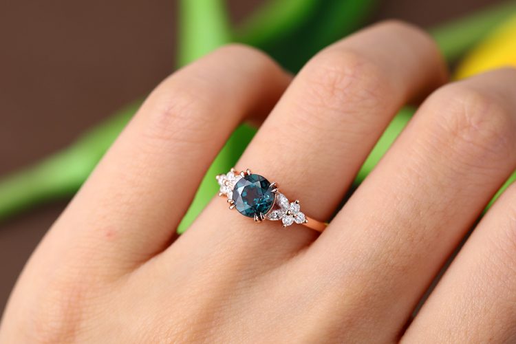 Round Alexandrite Flower Ring Double Claw Design