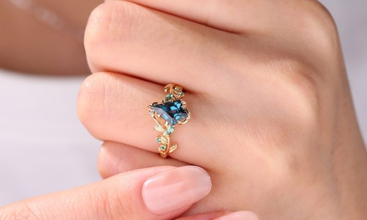 Kite Cut alexandrite Engagement Ring with Emerald Accents