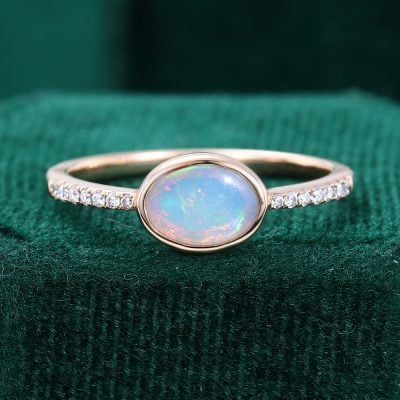 Horizontal Oval Bezel Natural Opal Promise Ring East-West Pavé Engagement Ring