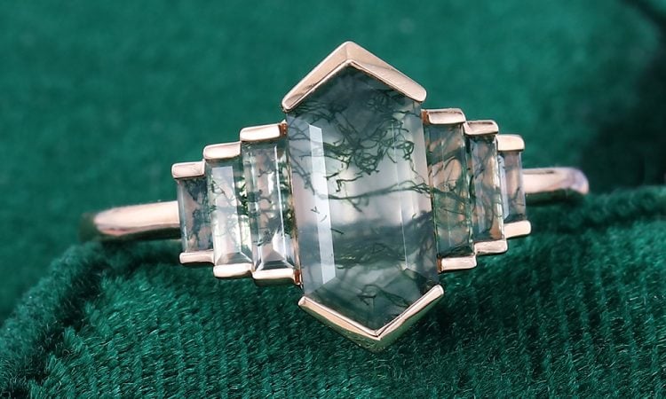 Elongated Hexagon Moss Agate Promise Ring Baguette Accented Bridal Ring (5)