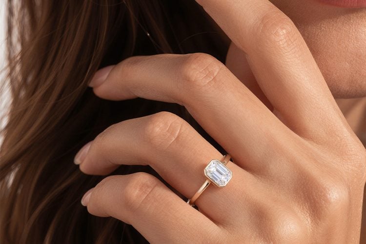 Emerald Cut Moissanite Bezel Solitaire Engagement Ring