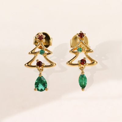Emerald & Garnet Christmas Tree Stud Earrings
