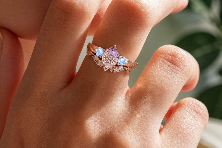 Fantasy Cut Pear Shaped Ametrine & Moonstone Maple Bridal Ring Set Three Stone Engagement Ring Set (6)