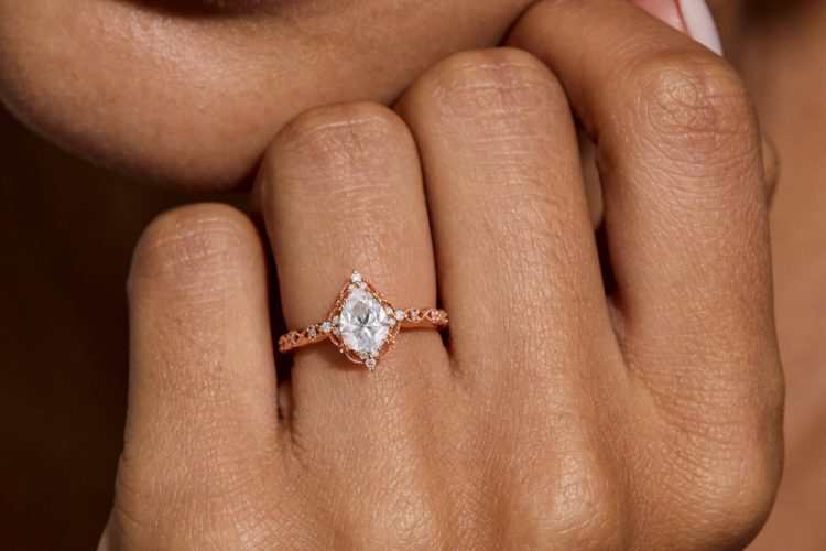 Filigree Floral Halo Vintage Inspired Pear Cut Moissanite Engagement Ring with Milgrain Accent