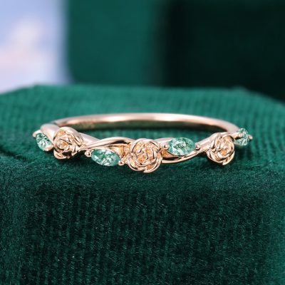 Floral Inspired Moss Agate Curved Wedding Band Rose Accented Promise Ring