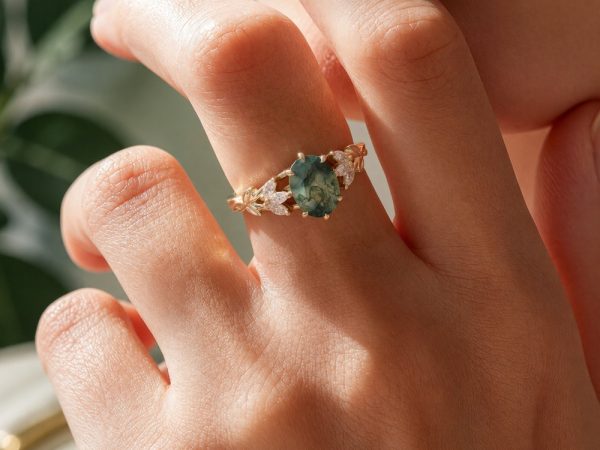 Floral Inspired Oval Cut Moss Agate Engagement Ring With Tulip Accents